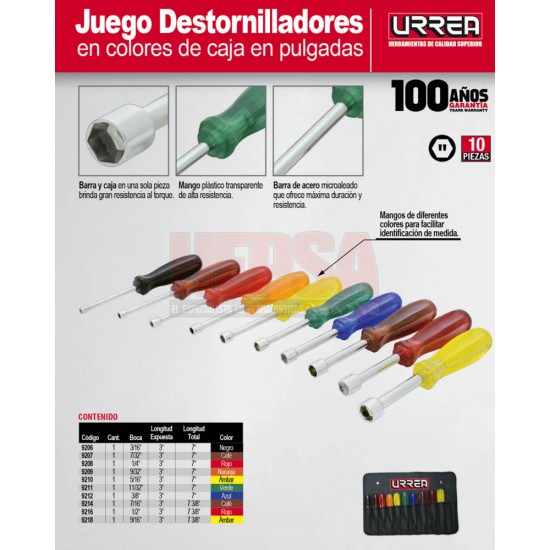 Juego De 10 Destornilladores De Colores De Caja En Pulgadas URREA 9201B